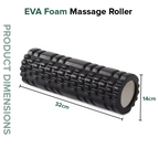 Black EVA foam massage roller with dimensions on a white background