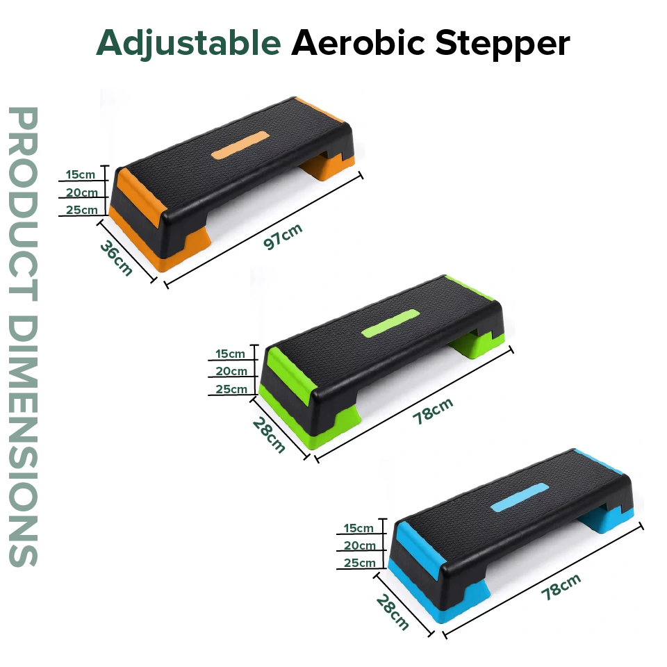 Adjustable aerobic stepper with dimensions on a white background