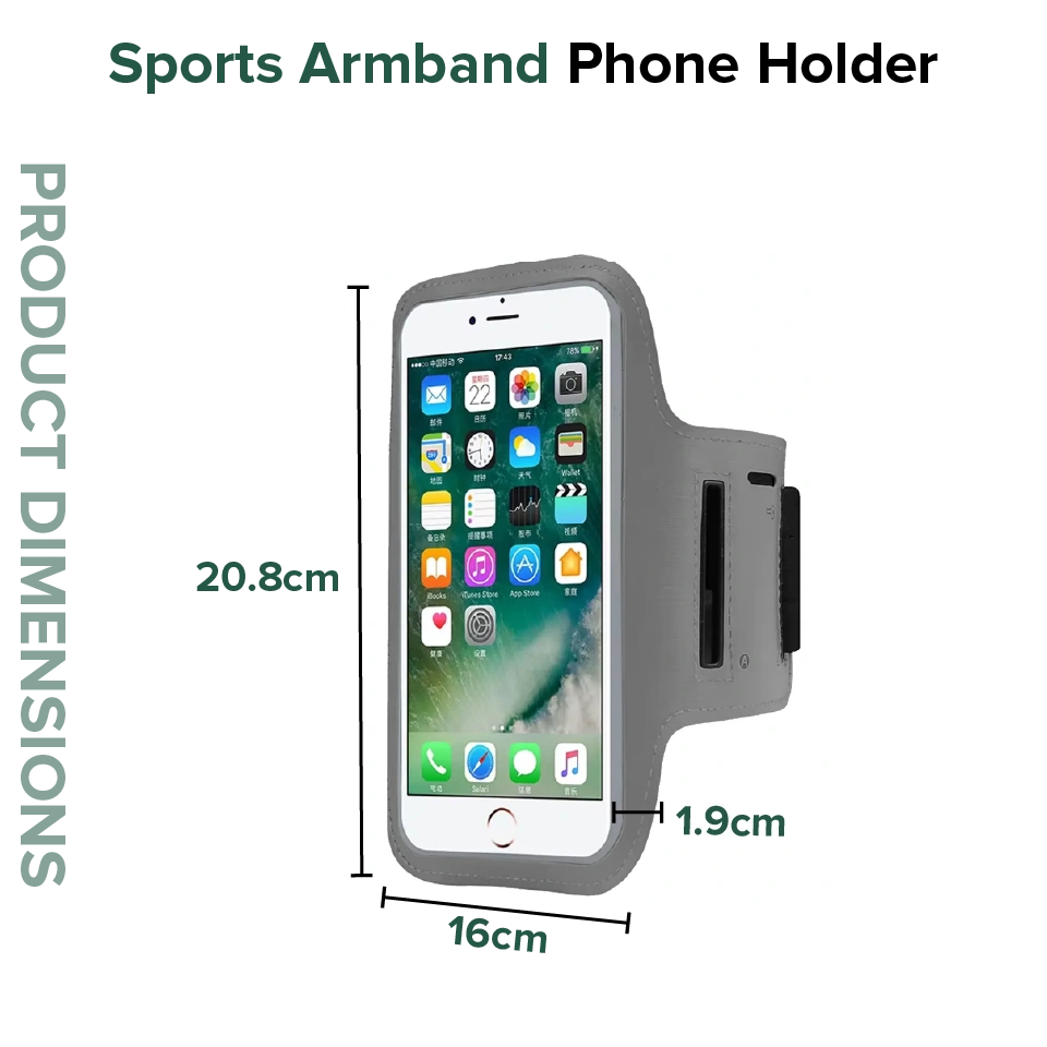 Sports armband phone holder with smartphone display and dimensions on a white background