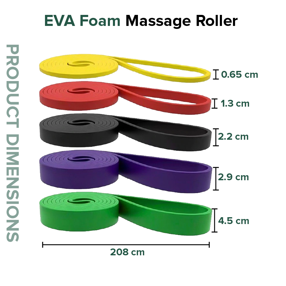 EVA foam massage roller with dimensions labeled for each color on a white background.