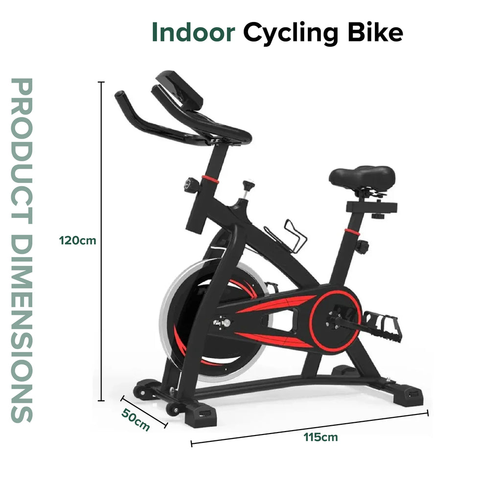 Indoor cycling bike with dimensions on a white background