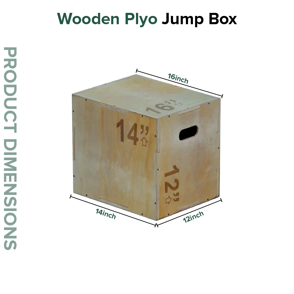 Wooden plyo jump box with dimensions labeled on a white background