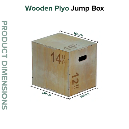 Wooden plyo jump box with dimensions labeled on a white background