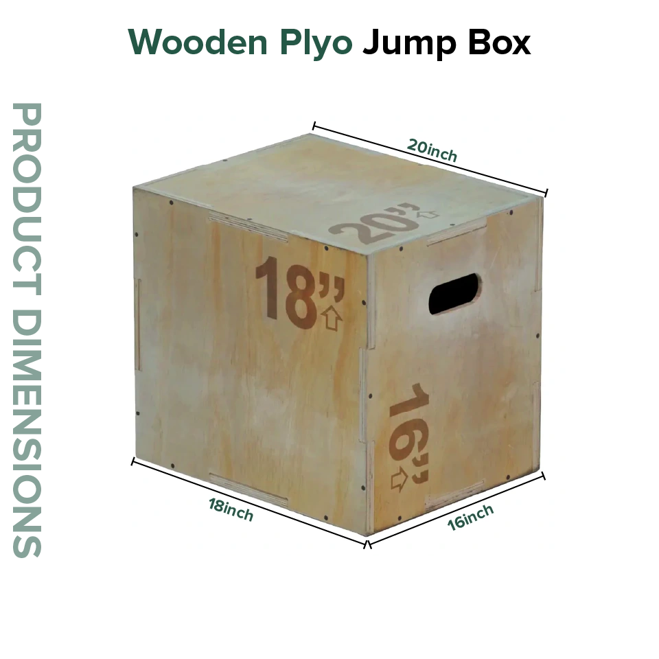 Wooden plyo jump box with dimensions labeled on a white background