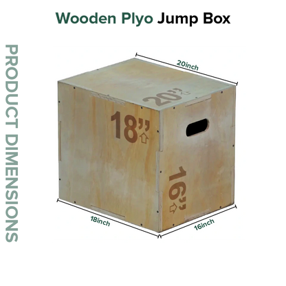 Wooden plyo jump box with dimensions labeled on a white background
