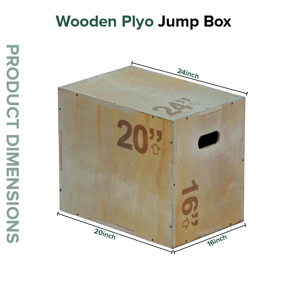 Wooden plyo jump box with dimensions labeled on a white background