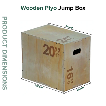 Wooden plyo jump box with dimensions labeled on a white background
