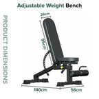 Adjustable weight bench with dimensions labeled on a white background