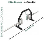 20kg Olympic Hex Trap Bar with dimensions on a white background