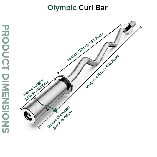 Olympic curl bar with dimensions labeled on a white background