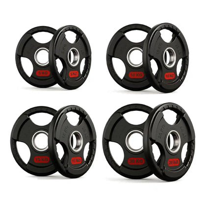 Six black weight plates in 5 kg, 15 kg, 20 kg, and 25 kg sizes, arranged in a 2x3 grid on a white background.