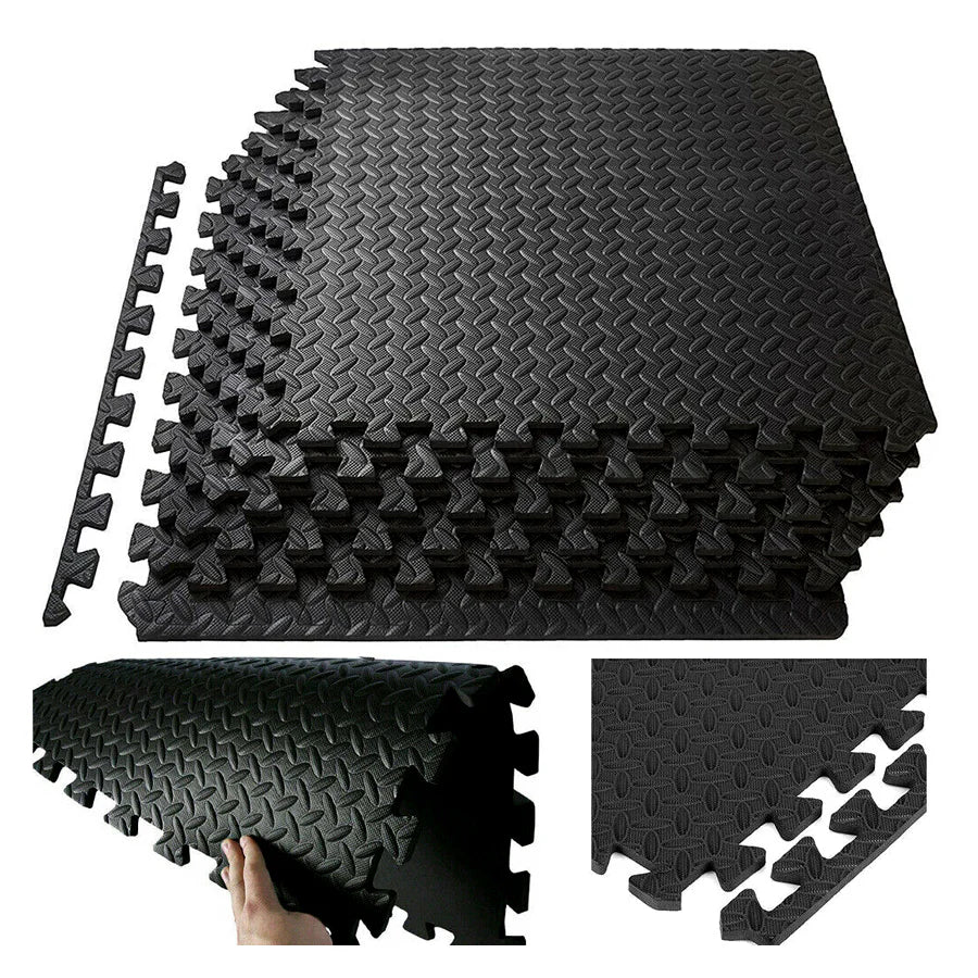 Black foam puzzle mats with interlocking design on a white background