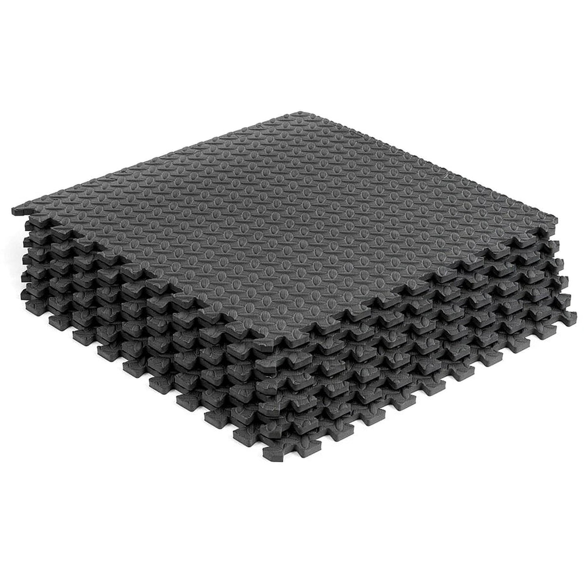 Stack of gray interlocking foam mats on a white background