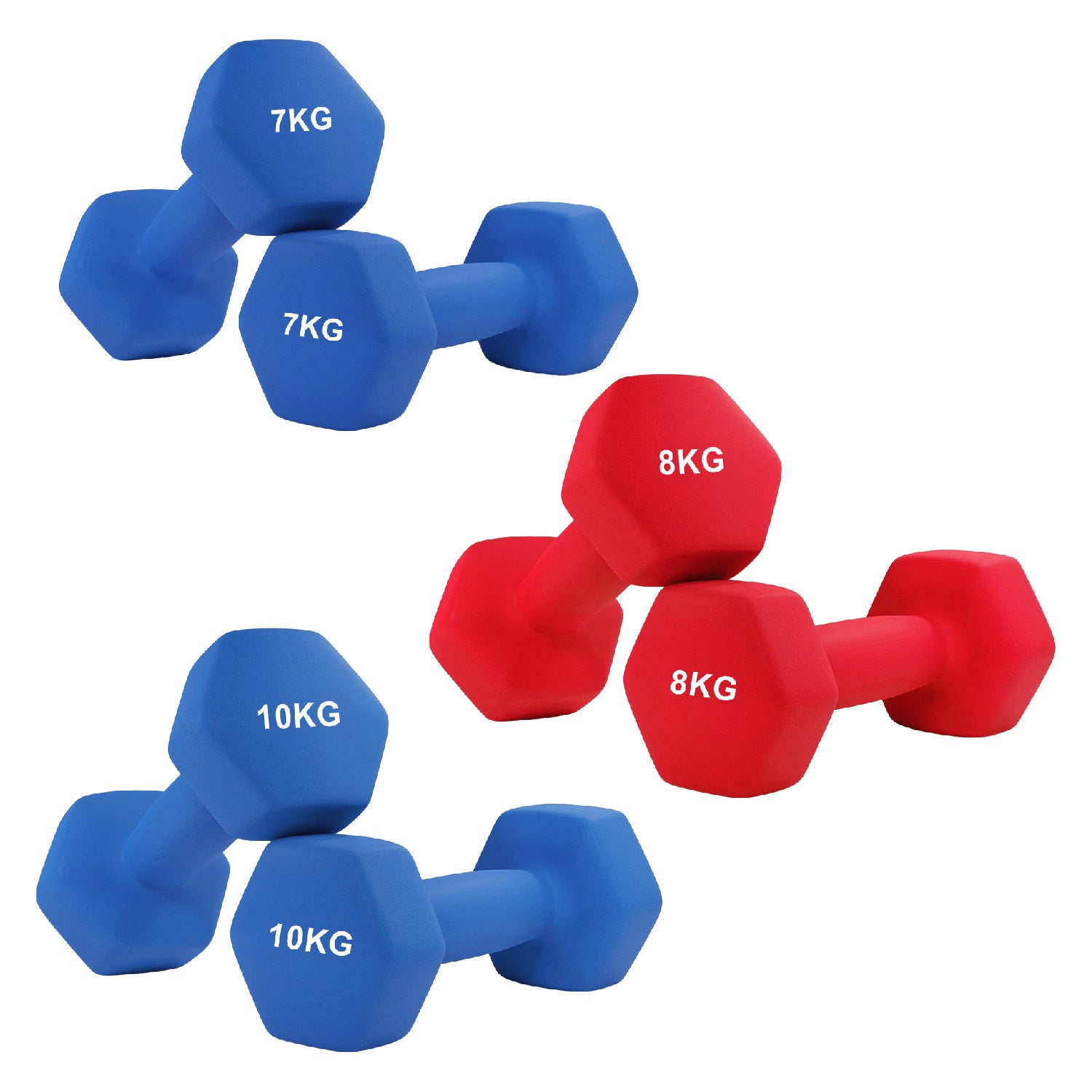 Blue and red dumbbells with weight labels on a white background
