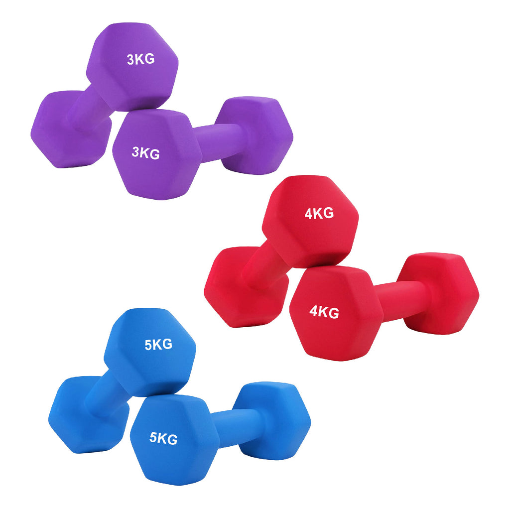 Set of purple, red, and blue dumbbells with weight markings on a white background