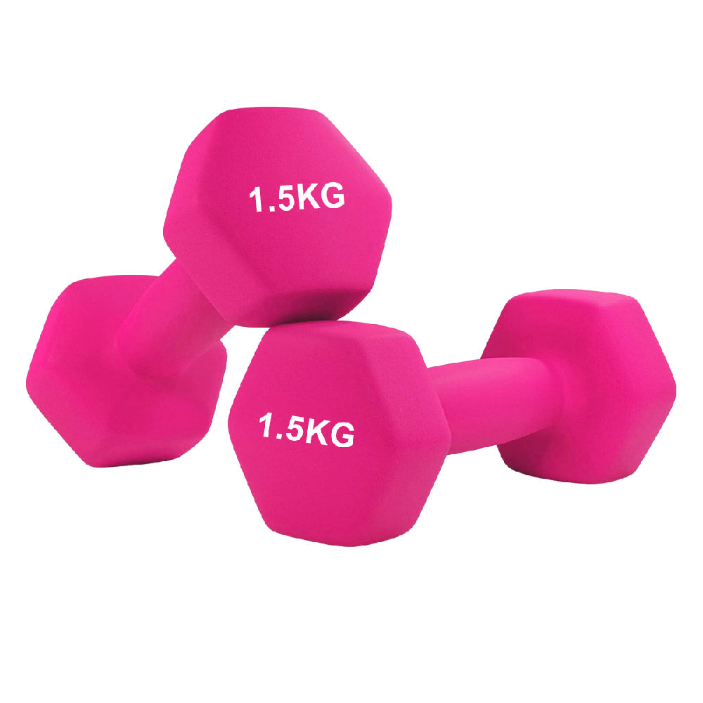 Two pink dumbbells with '1.5KG' marking on a white background