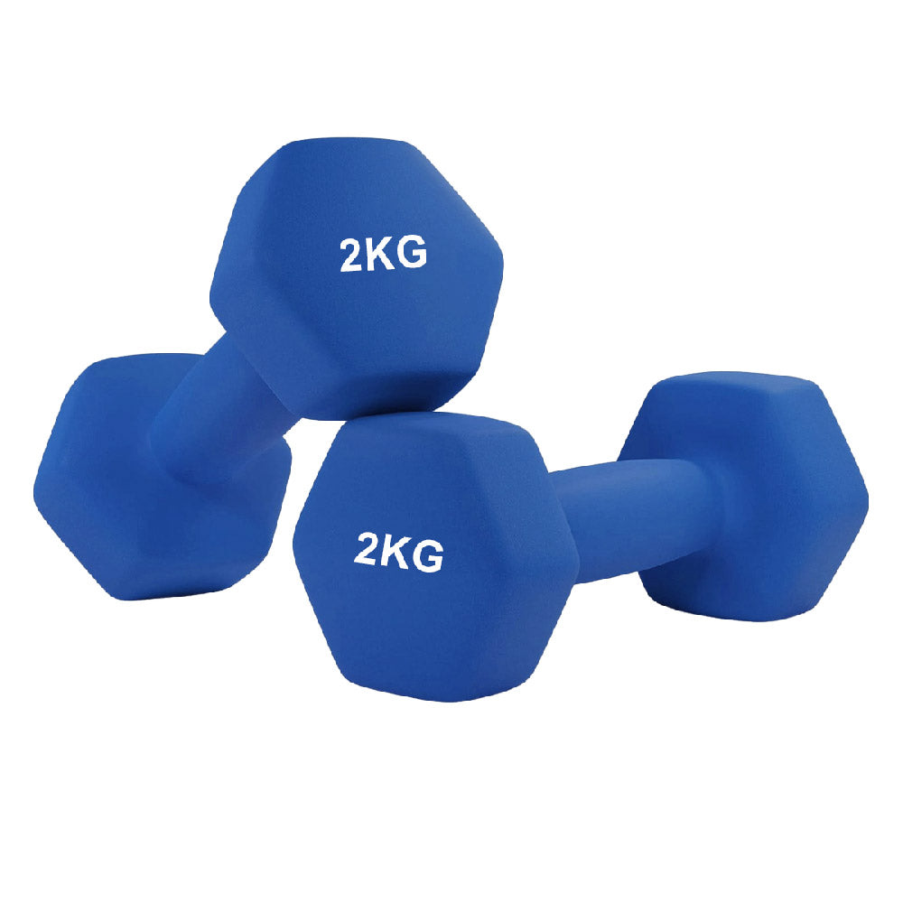 Two blue dumbbells labeled '2KG' on a white background