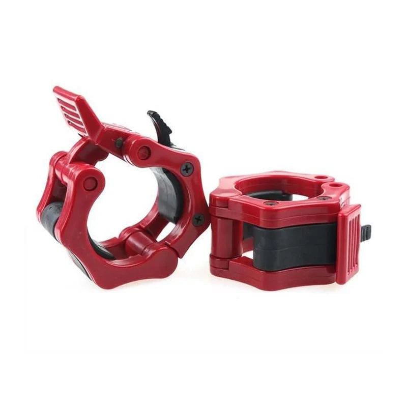 Red metal clamps on a white background