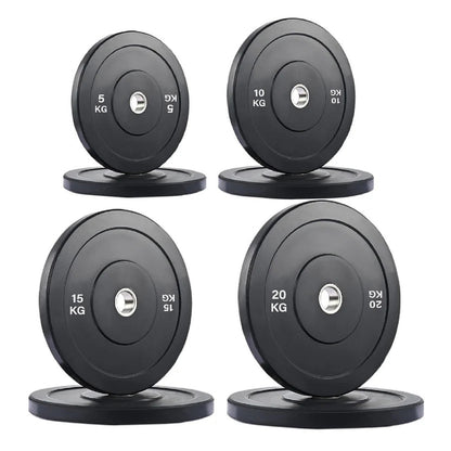 Set of four black weight plates with labeled weights on a white background