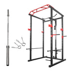 Black power rack with red accents and gym equipment on a white background