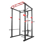 Black and red power rack on a white background