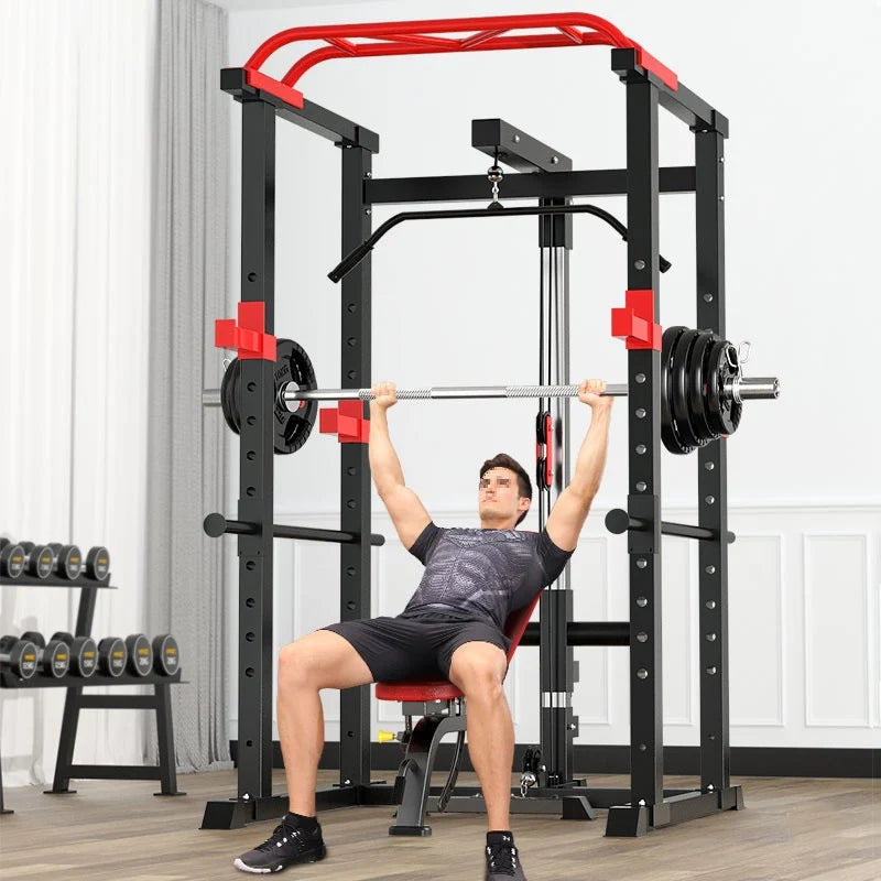 Person using a weightlifting power rack in a home gym setting
