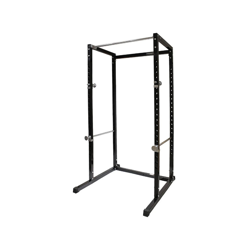 Black metal power rack on a white background