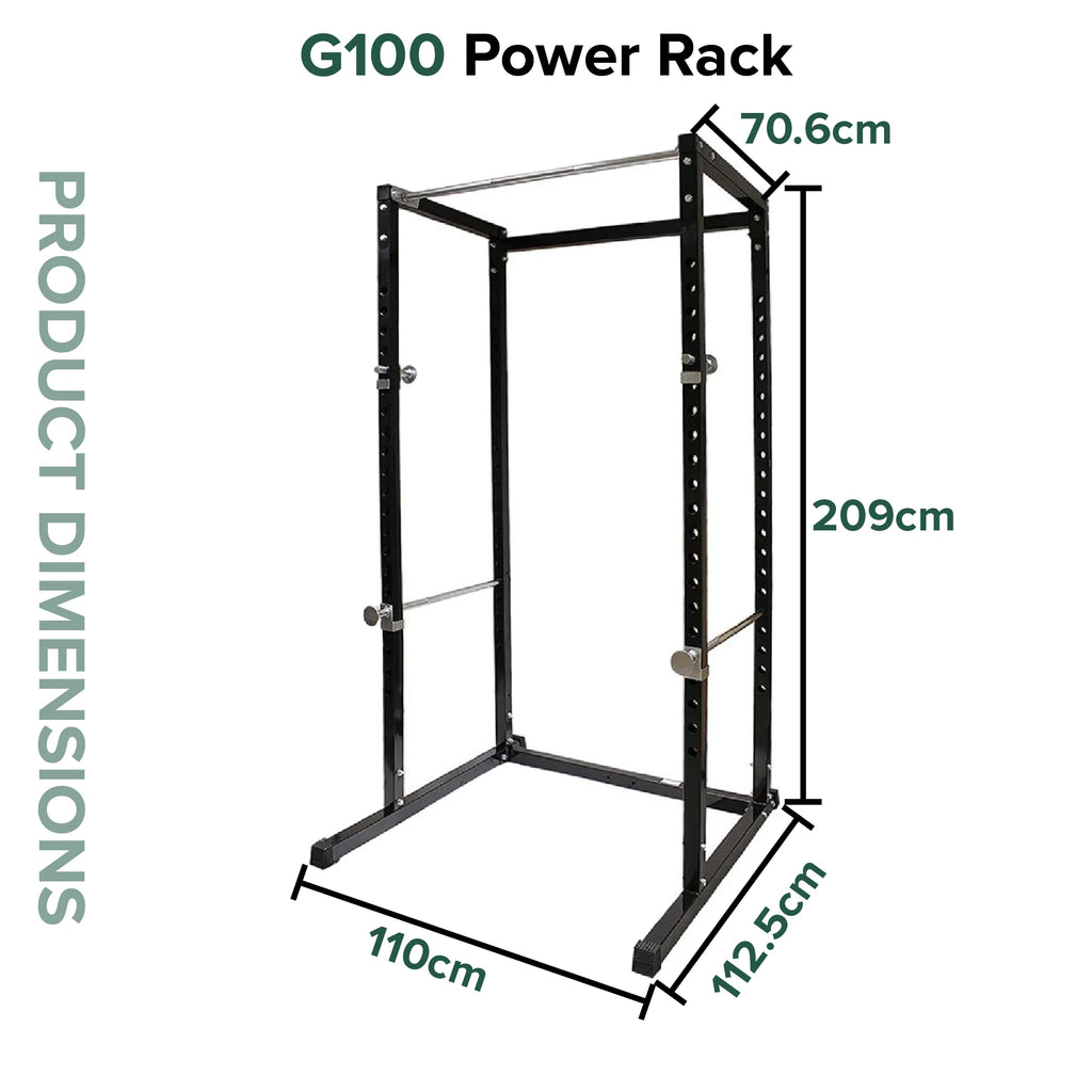 G100 Power Rack with dimensions labeled on a white background