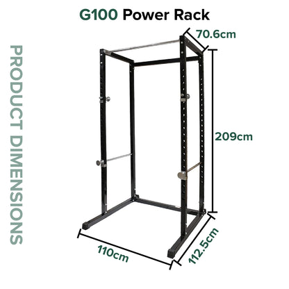 G100 Power Rack with dimensions labeled on a white background