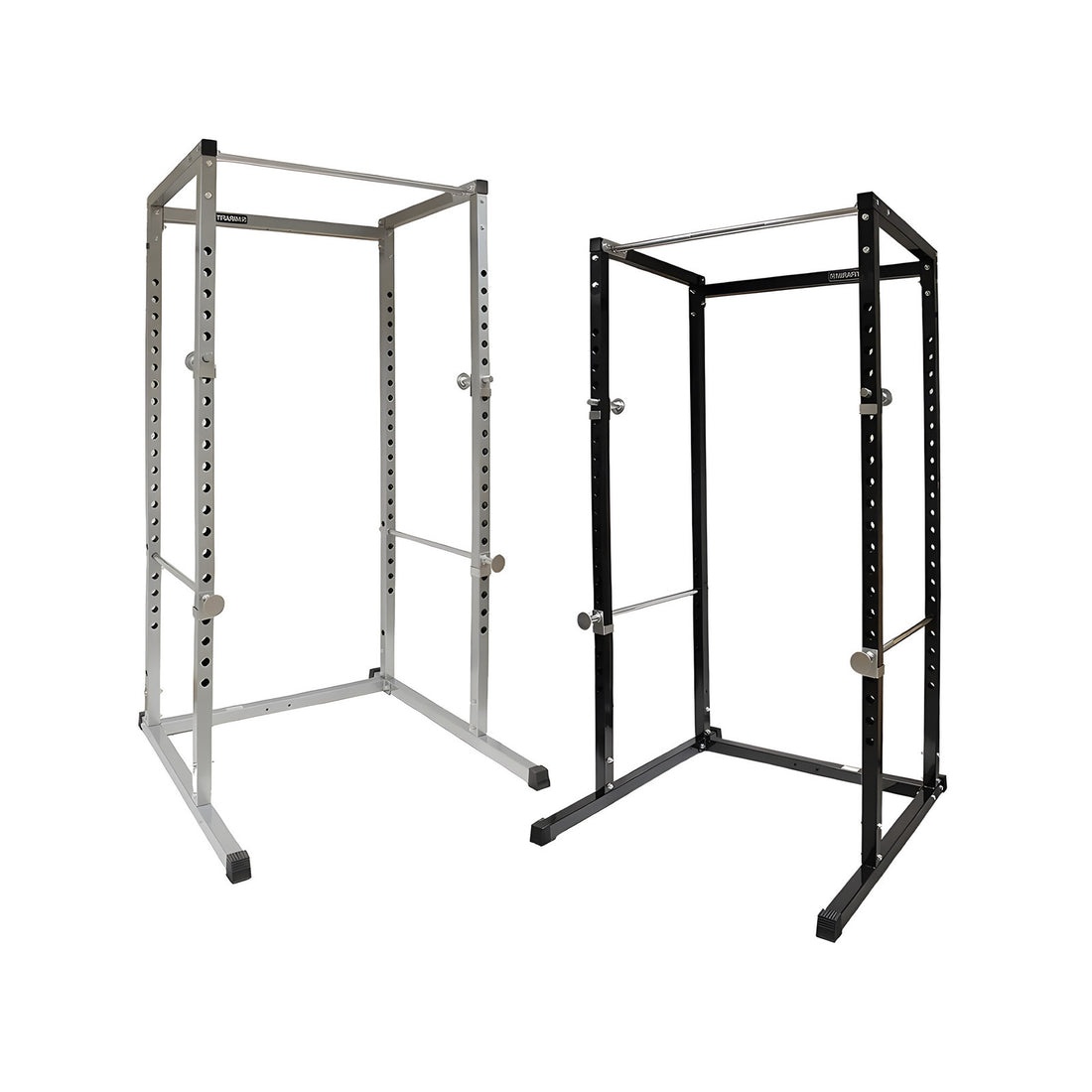 Two metal frames, one silver and one black, on a white background