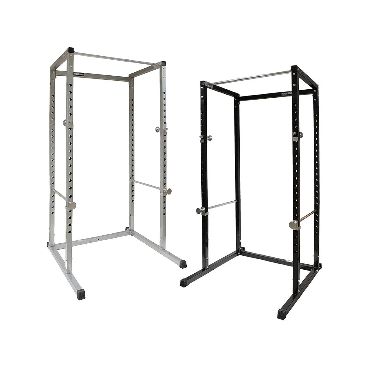 Two metal frames, one silver and one black, on a white background