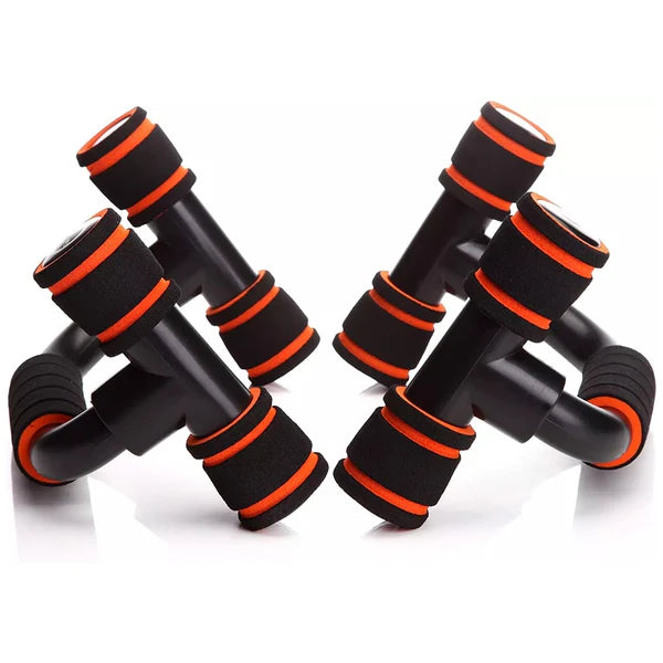 Pair of black and orange dumbbell-shaped hand exercisers on a white background
