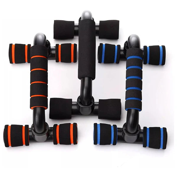 Pair of black hand grippers with orange and blue accents on a white background