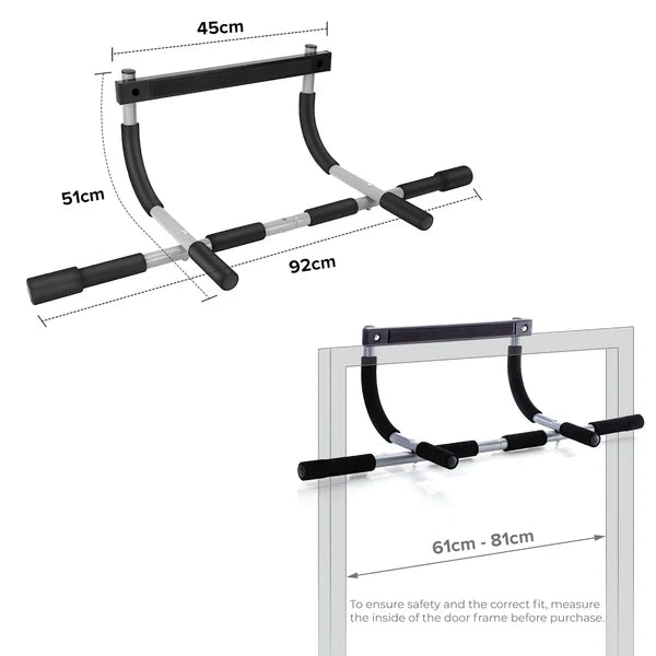 Measurement chart of a pull-up bar with dimensions labeled on a white background