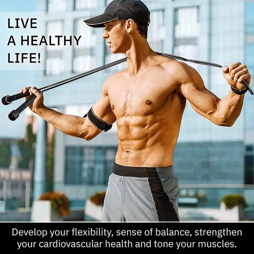 Muscular man exercising with resistance bands in an urban setting, with text promoting a healthy lifestyle.