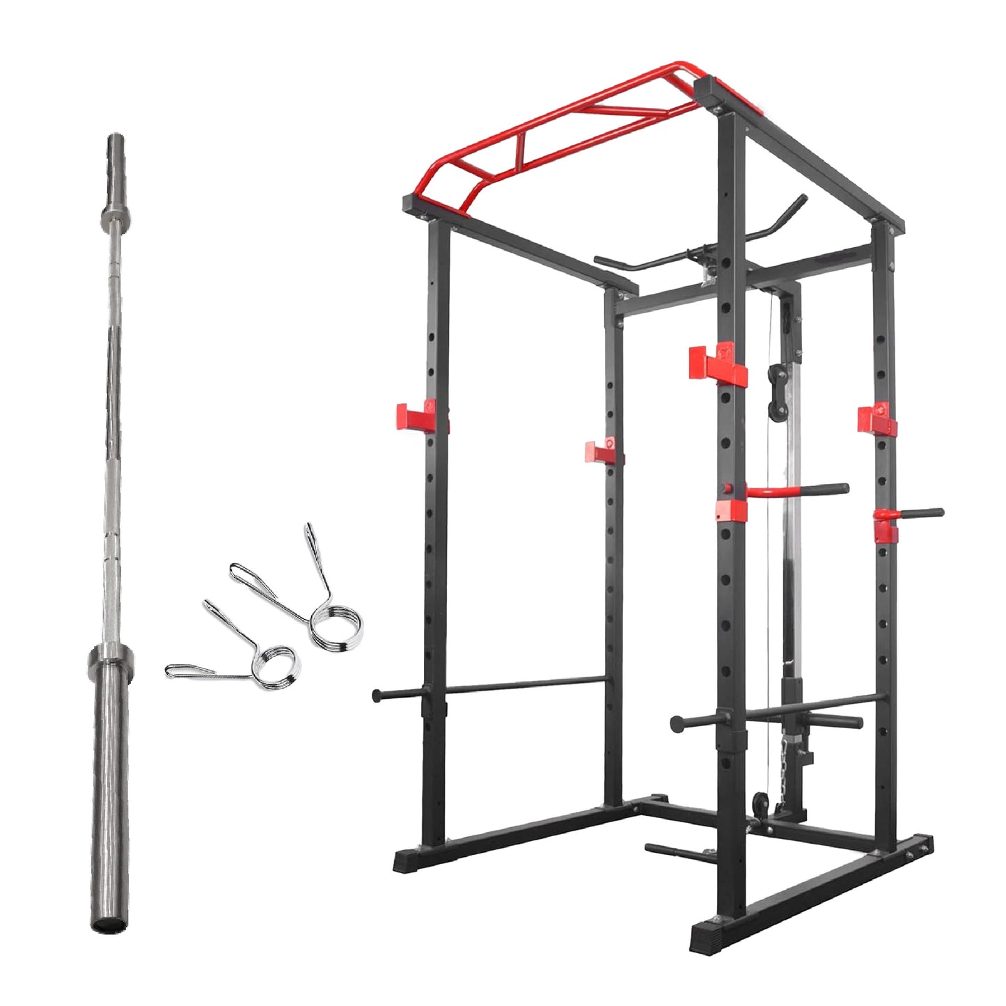 Professional Power Cage with Pulley System – Adjustable Rack with Lat Pulldown, Spotters & Multi-Grip Pull-Up Bar for Home Gym"