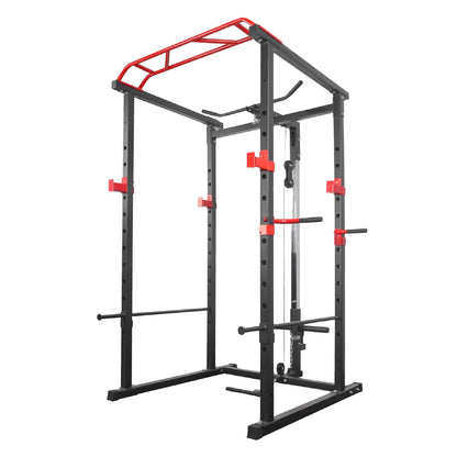 Professional Power Cage with Pulley System – Adjustable Rack with Lat Pulldown, Spotters & Multi-Grip Pull-Up Bar for Home Gym"