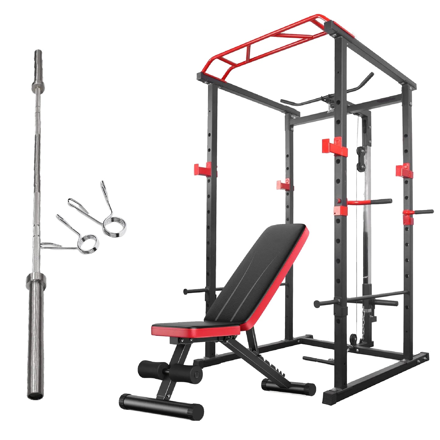 Professional Power Cage with Pulley System – Adjustable Rack with Lat Pulldown, Spotters & Multi-Grip Pull-Up Bar for Home Gym"