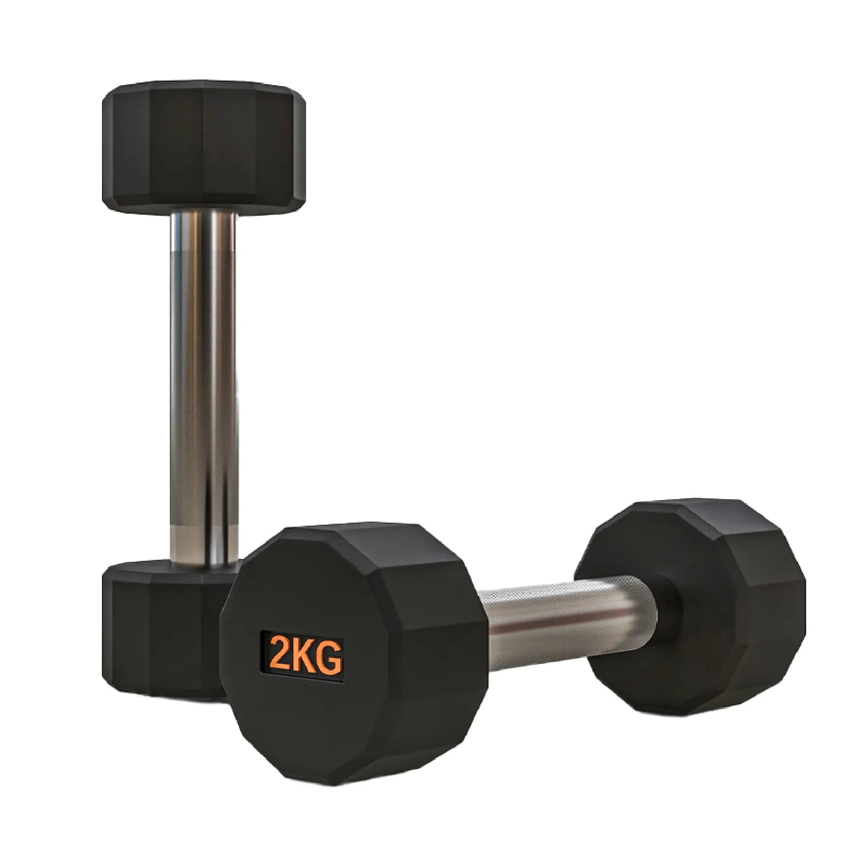 Pair of black dumbbells with '2KG' marking on a white background