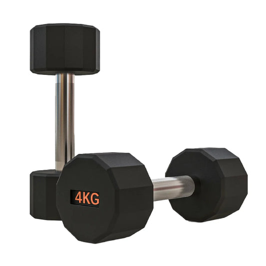 Pair of black hexagonal dumbbells with '4KG' marking on a white background