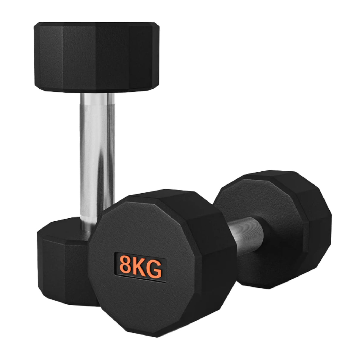 Pair of black round dumbbells, 8 kg each, with chrome handles, on a white background
