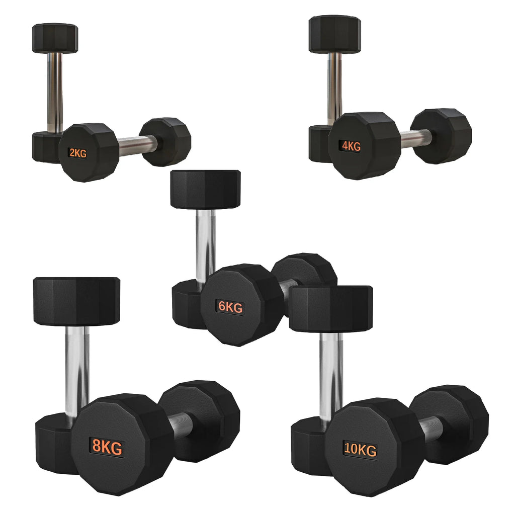 Set of black dumbbells with weight markings on a white background
