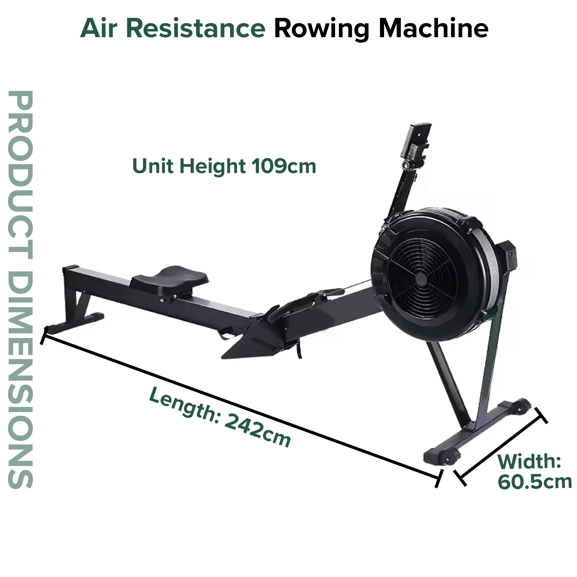 Air resistance rowing machine with dimensions labeled on a white background