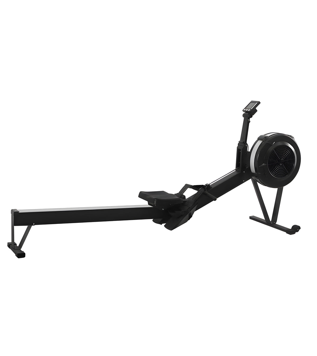 Black rowing machine on a white background