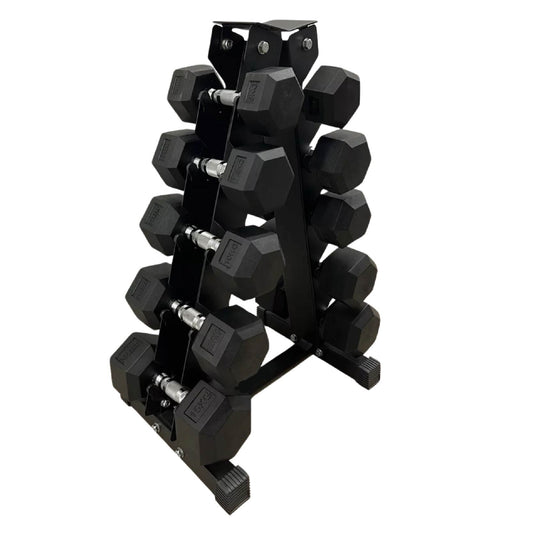 Hex Dumbbell Set with Rack – 5 Rubber-Coated Pairs (2.5kg–60kg) – Chrome Handles & Anti-Slip Grip for Home Gym