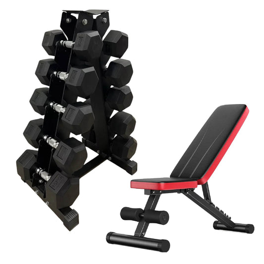 Hex Dumbbell Set with Rack – 5 Rubber-Coated Pairs (2.5kg–60kg) – Chrome Handles & Anti-Slip Grip for Home Gym