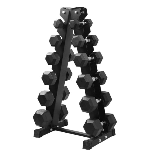 Professional Hex Dumbbell Set – 6 Pairs (2.5kg–60kg) with A6 Tree Rack – Rubber Coated & Knurled Steel Handles for Home or Gym