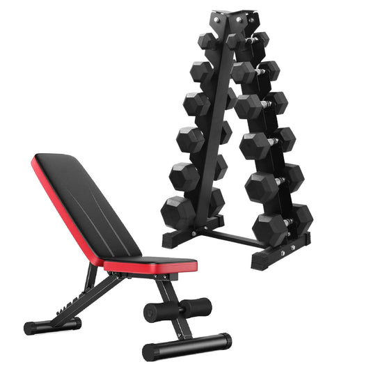 Professional Hex Dumbbell Set – 6 Pairs (2.5kg–60kg) with A6 Tree Rack – Rubber Coated & Knurled Steel Handles for Home or Gym