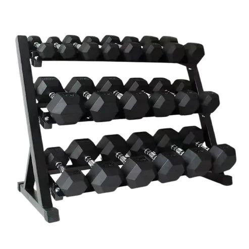 Set of black hexagonal dumbbells on a metal rack on a white background
