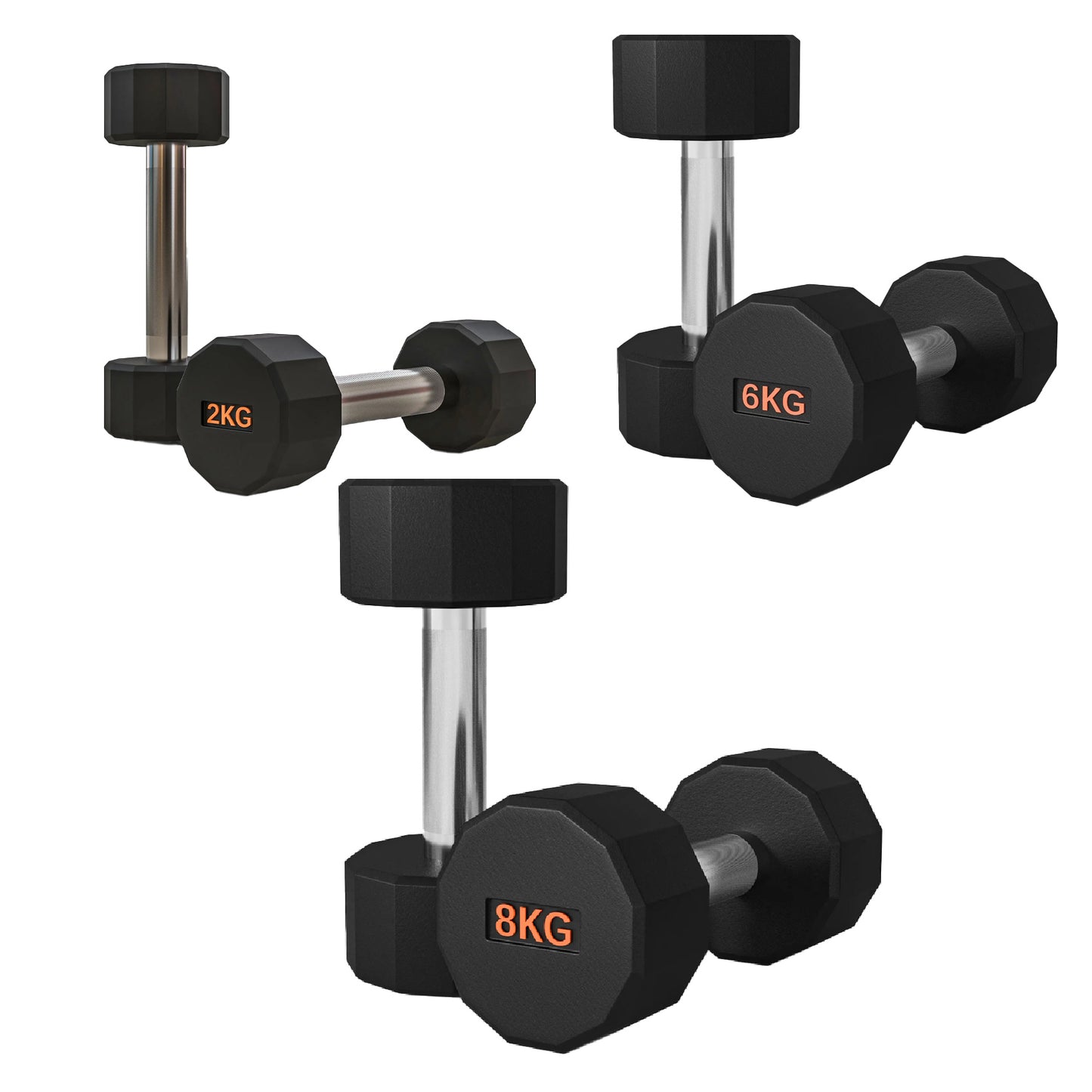 Premium Round Hex Dumbbells - Anti-Roll Design with Knurled Grip and Rubber-Coated Heads - Available as Singles, Pairs, and Complete Sets With Optional Rack - Professional Strength Training Equipment